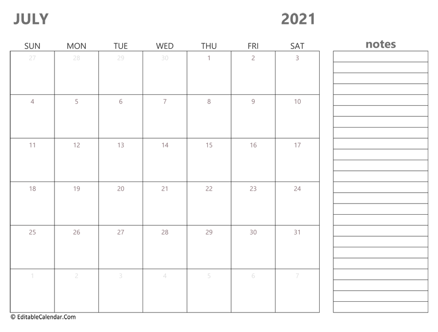 Blank Calendar July 2021 Editable 2022
