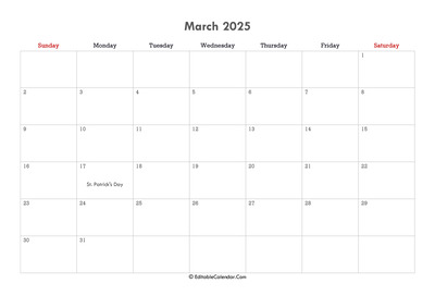 editable calendar march 2025 with notes