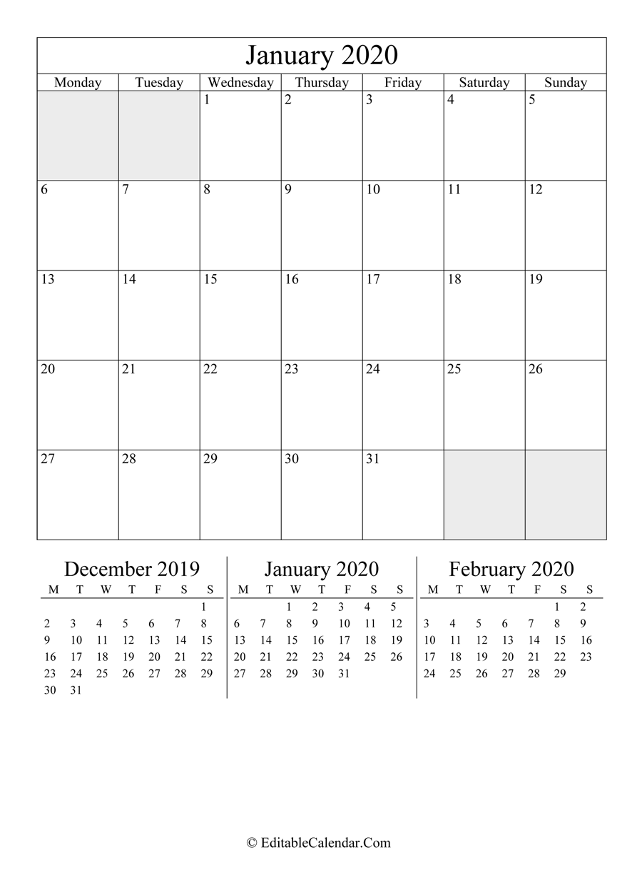 Editable Calendar January 2020