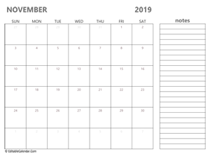 2019 november calendar printable