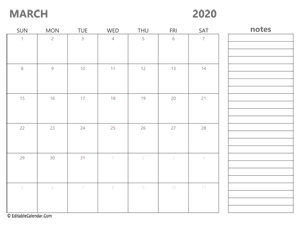 2020 march calendar printable