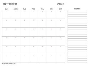 2020 october calendar printable