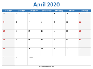 2020 printable calendar april