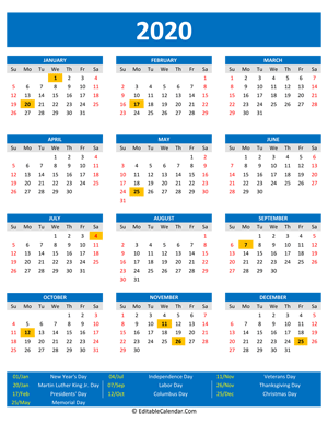 2020 printable calendar holidays portrait blue style