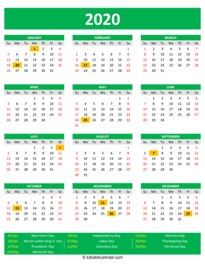 2020 printable calendar holidays portrait green style