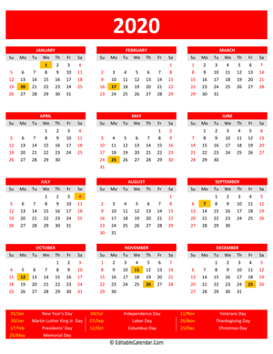 2020 printable calendar holidays portrait red style