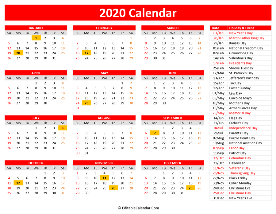 2020 Printable Calendar with Holidays