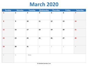 2020 printable calendar march