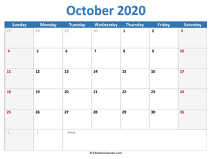 2020 printable calendar october