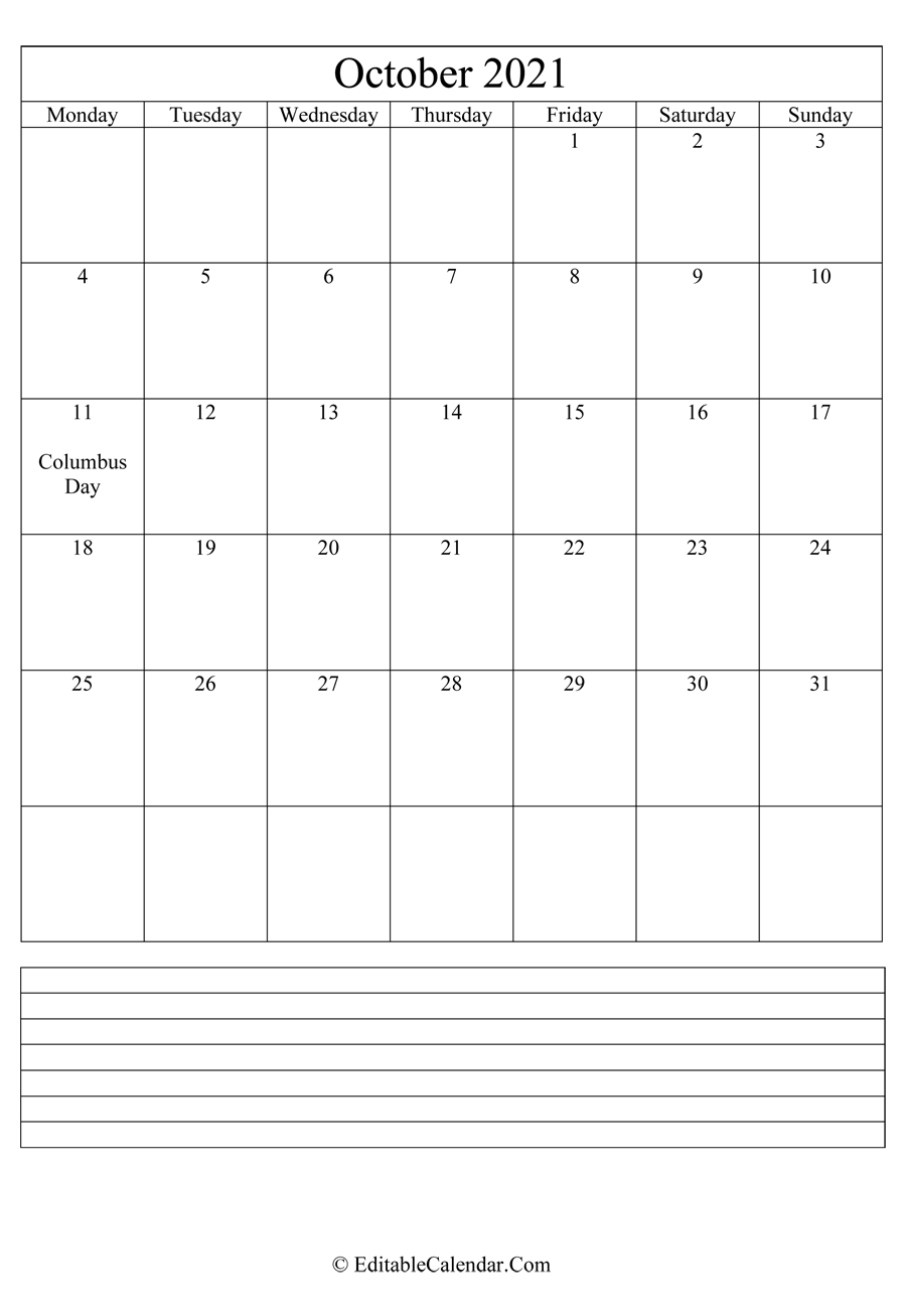 2021 calendar october with holidays and notes portrait
