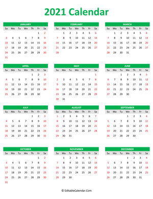 2021 calendar portrait green style