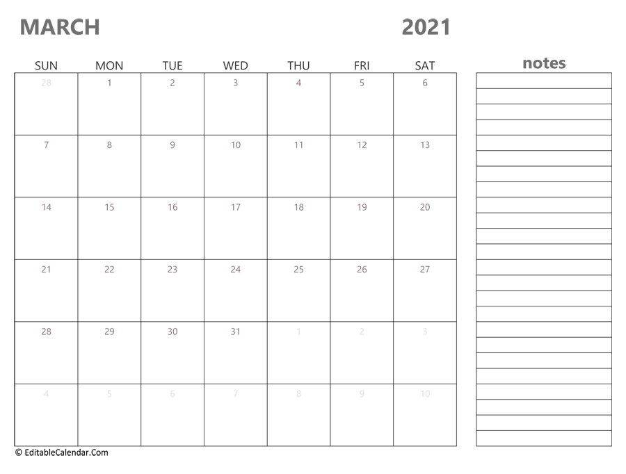 March 2021 Calendar Templates