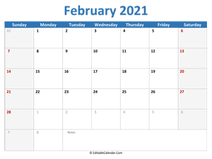 2021 printable calendar february