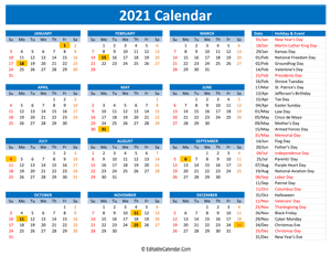 2021 printable calendar holidays blue style