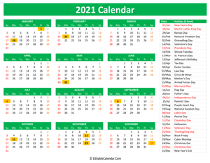 2021 printable calendar holidays green style