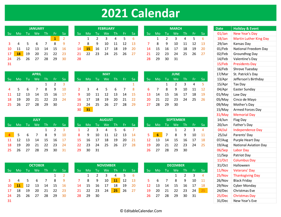 2021 Printable Calendar with Holidays