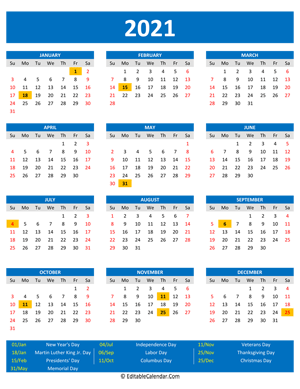 2021 printable calendar holidays portrait blue style