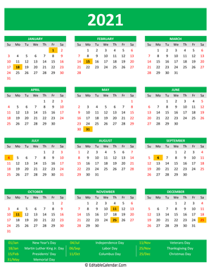 2021 printable calendar holidays portrait green style