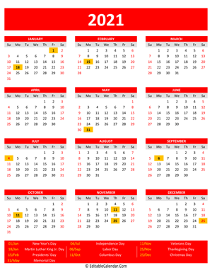 2021 printable calendar holidays portrait red style