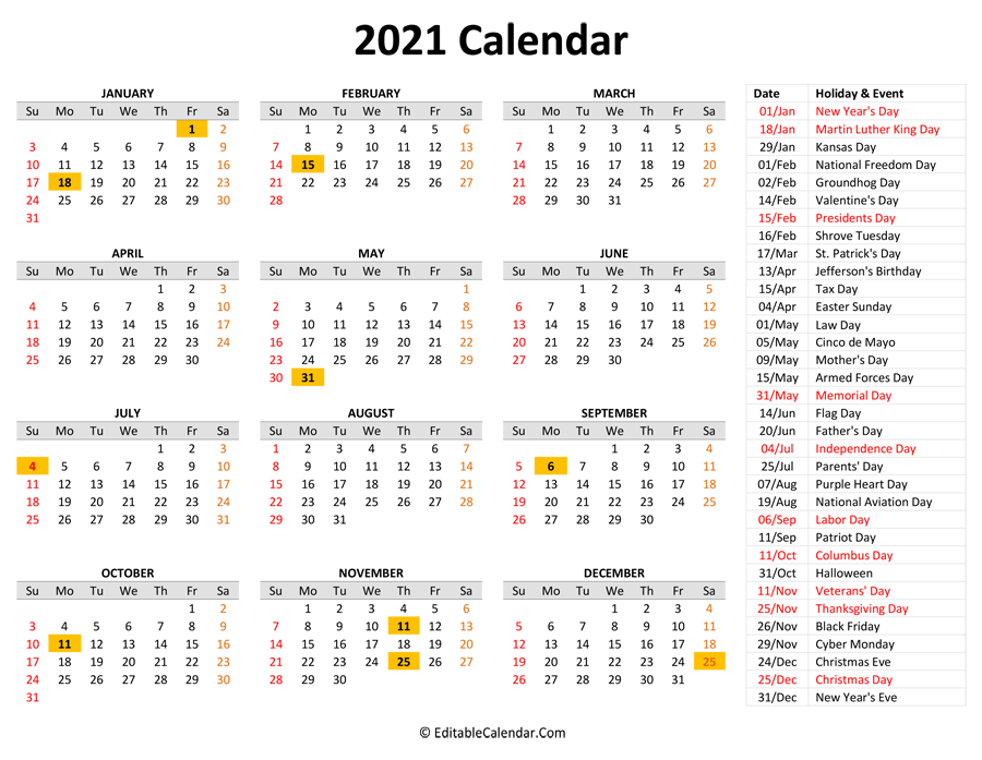 2021 printable calendar holidays