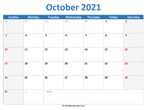 2021 printable calendar october