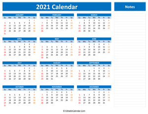 2021 yearly calendar notes blue style