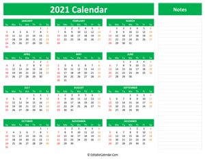 2021 yearly calendar notes green style