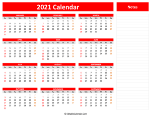 2021 yearly calendar notes red style