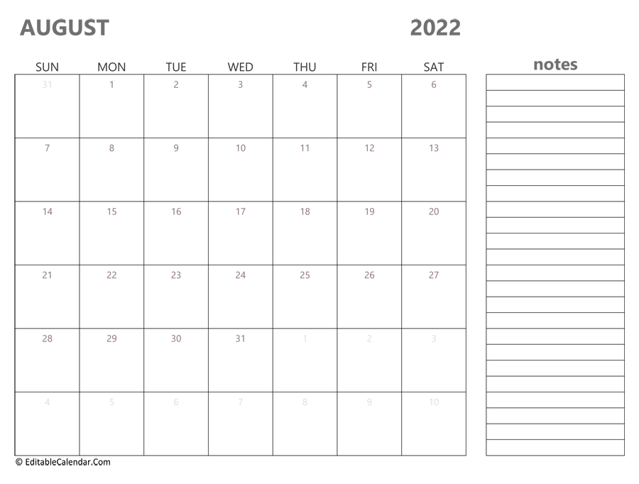2022 august calendar printable