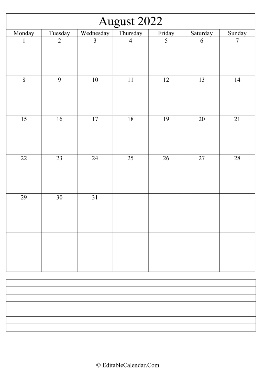 2022 calendar august with holidays and notes portrait
