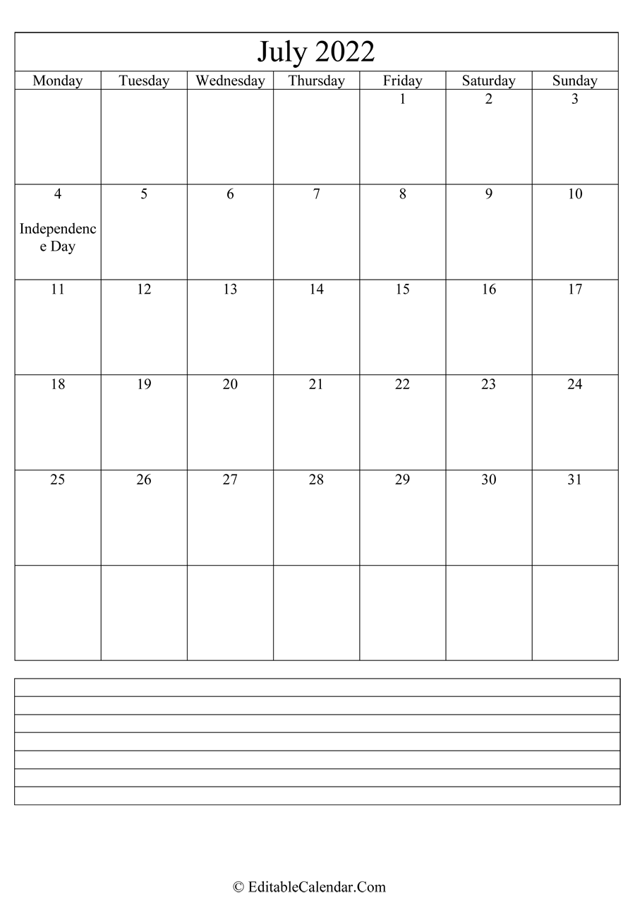 2022 calendar july with holidays and notes portrait