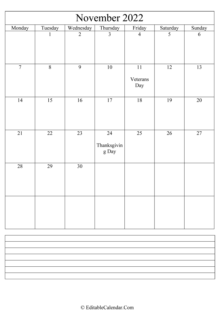 2022 calendar november with holidays and notes portrait