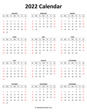 2022 calendar (portrait layout)