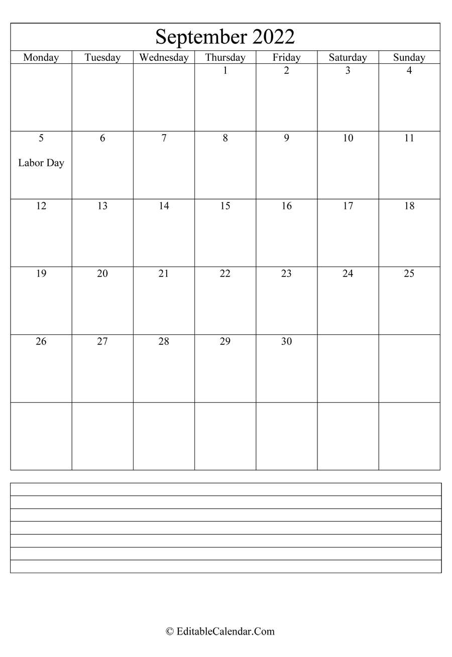 2022 calendar september with holidays and notes portrait