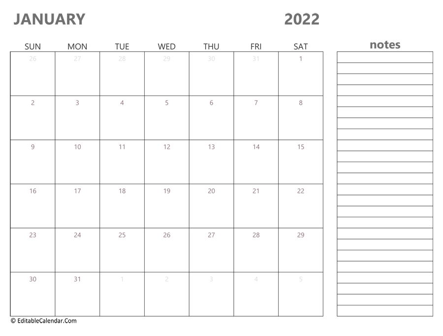 Printable Calendar 2022 With Notes Download 2022 January Calendar Printable (Pdf Version)