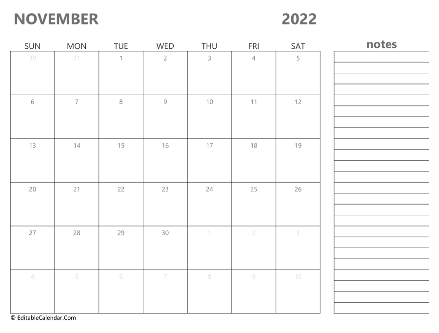 2022 november calendar printable