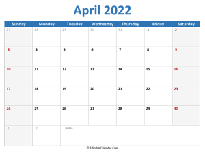 2022 printable calendar april