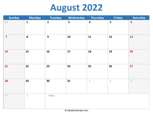 2022 printable calendar august