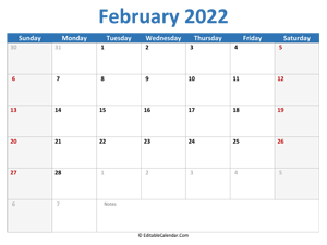 2022 printable calendar february