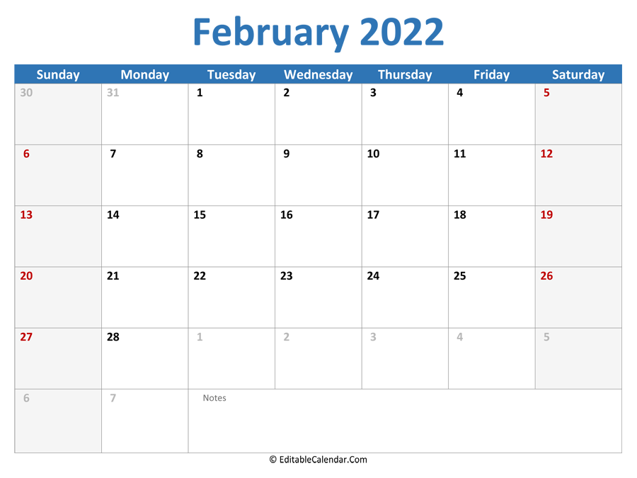 Download 2022 Printable Calendar February PDF Version 