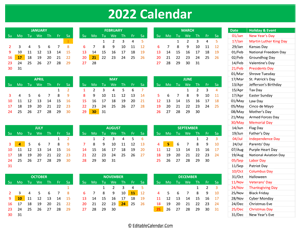 2022 printable calendar holidays green style