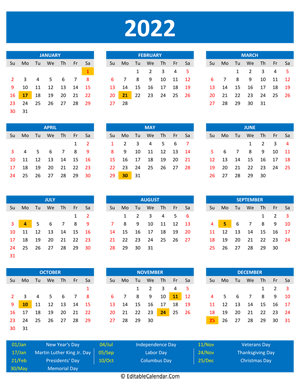 2022 printable calendar holidays portrait blue style