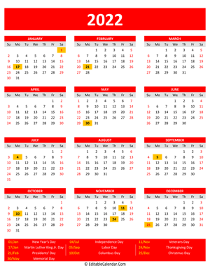 2022 printable calendar holidays portrait red style
