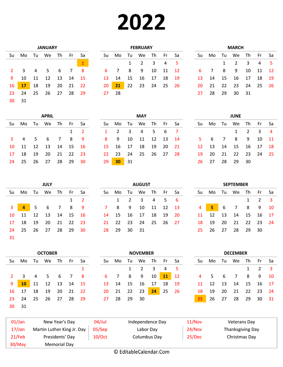 2022 printable calendar holidays portrait