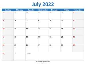 2022 printable calendar july
