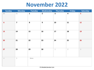 2022 printable calendar november