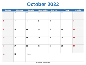 2022 printable calendar october