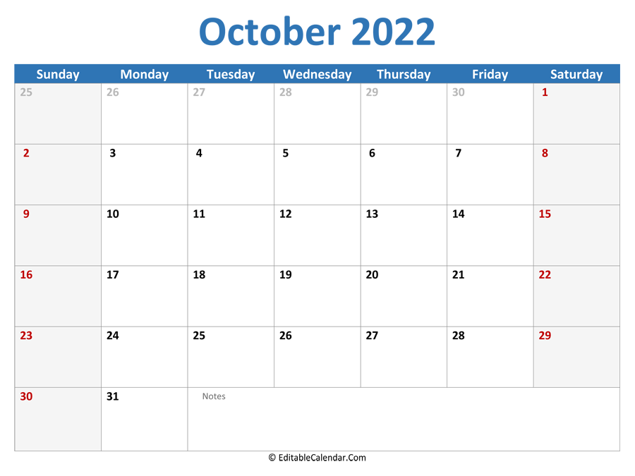 Download 2022 Printable Calendar October Word Version 