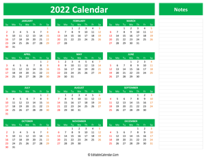 2022 yearly calendar notes green style