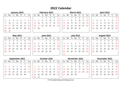 2022 yearly calendar week starts sunday